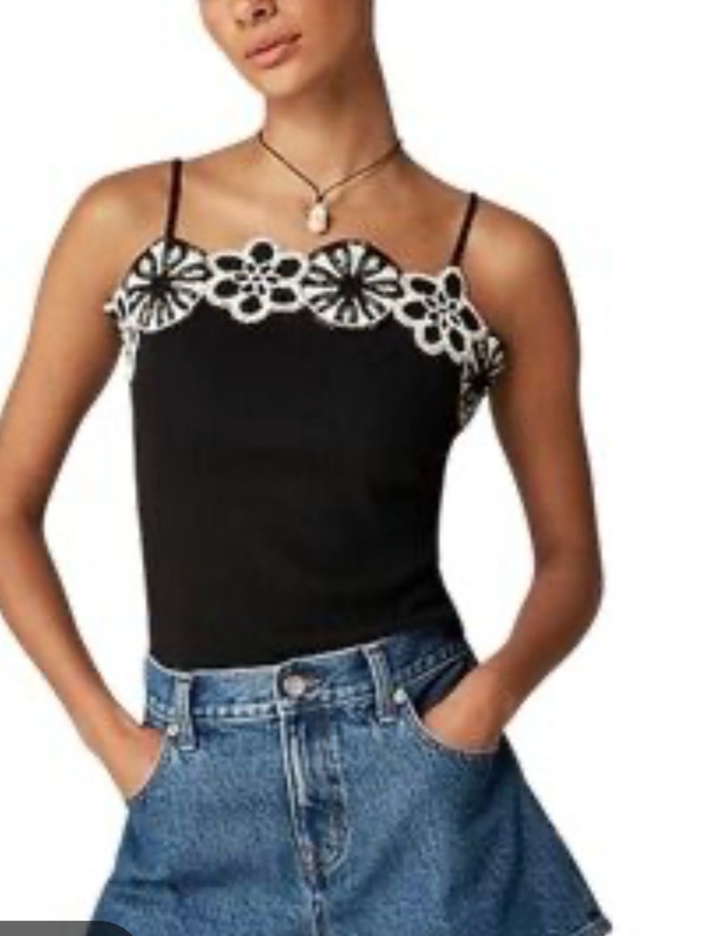 J. Crew Black Camisole with White Lace Floral Trim nwt large